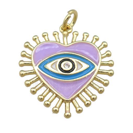 copper heart pendant with lavender enamel, eye, gold plated