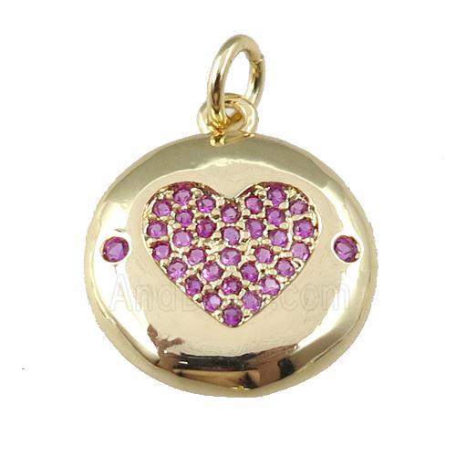copper circle pendant pave zircon, hotpink heart, gold plated