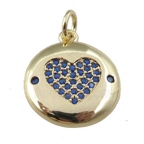 copper circle pendant pave zircon, blue heart, gold plated