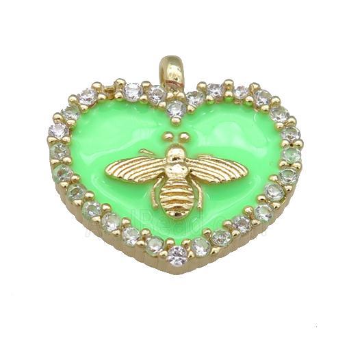 green Enamel Heart copper pendant pave zircon, honeybee, gold plated