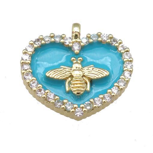 teal Enamel Heart copper pendant pave zircon, honeybee, gold plated