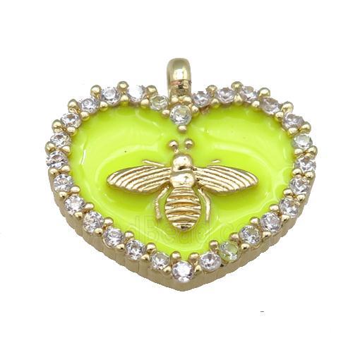 yellow Enamel Heart copper pendant pave zircon, honeybee, gold plated