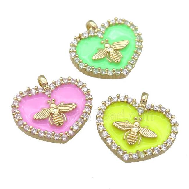 Enamel Heart charm copper pendant pave zircon, honeybee, gold plated, mixed