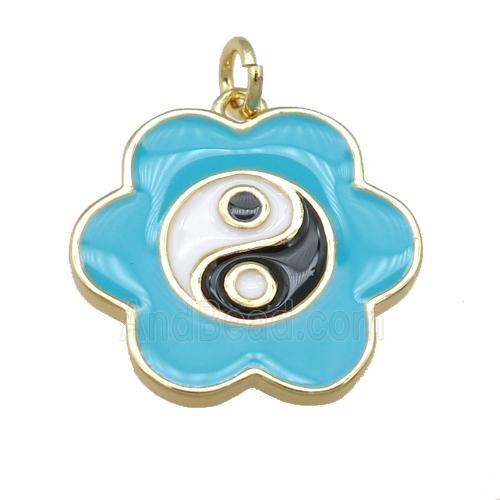 copper teal Enamel Taichi pendant, flower, gold plated