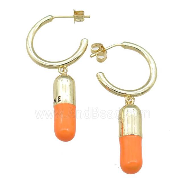 copper Stud Earring with orange enamel pill, gold plated