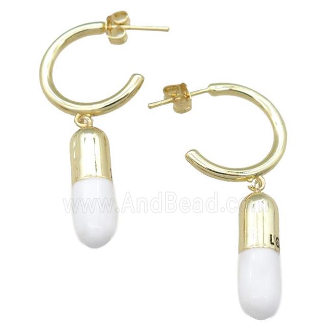 copper Stud Earring with white enamel pill, gold plated