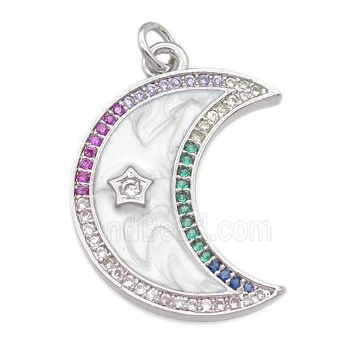 copper moon pendant pave zircon with enamel pearlized resin, platinum plated