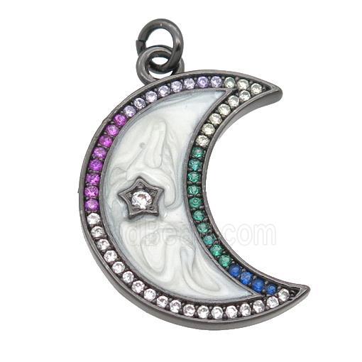 copper moon pendant pave zircon with enamel pearlized resin, black plated