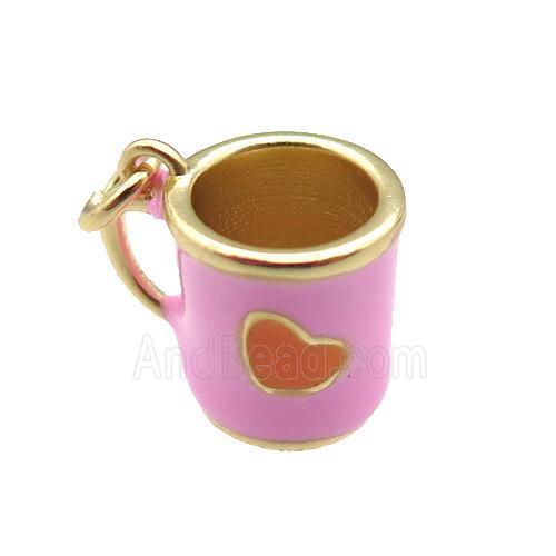 copper cup pendant with pink enamel, heart, gold plated