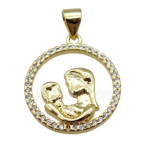 copper pendant pave zircon, mother, gold plated