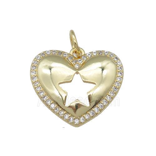 copper heart pendant pave zircon, star, gold plated