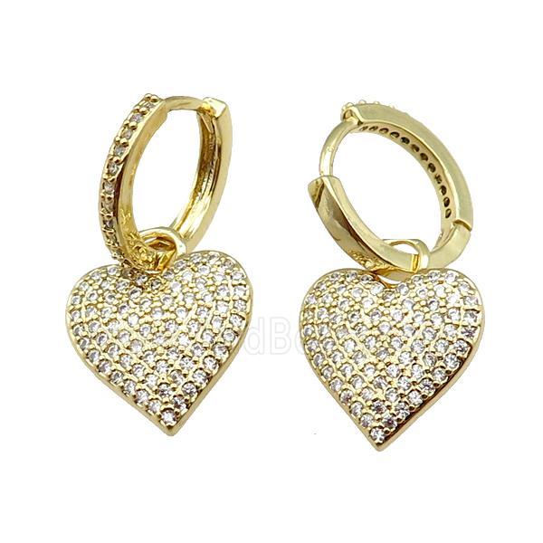 copper Hoop Earrings pave zircon, heart, gold plated