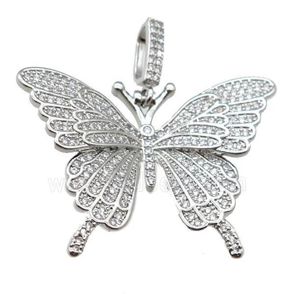 copper butterfly pendant pave zircon, platinum plated