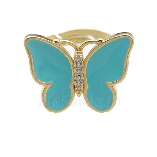 copper butterfly Rings with teal enamel, adjustable, gold plated