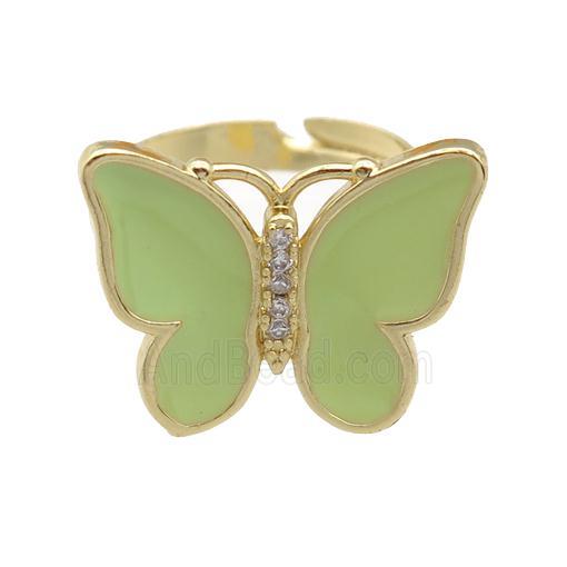 copper butterfly Rings with lt.green enamel, adjustable, gold plated