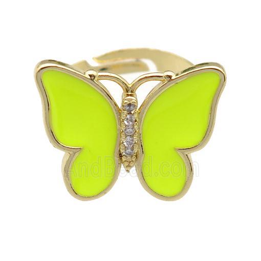 copper butterfly Rings with nenoyellow enamel, adjustable, gold plated
