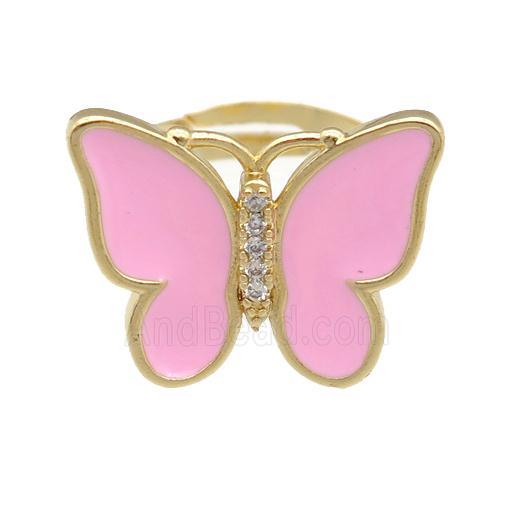 copper butterfly Rings with pink enamel, adjustable, gold plated