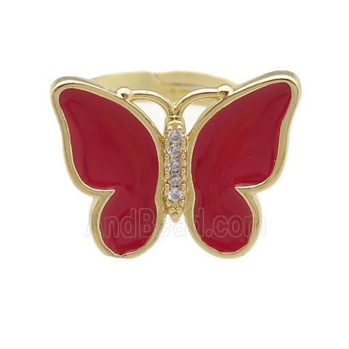 copper butterfly Rings with red enamel, adjustable, gold plated