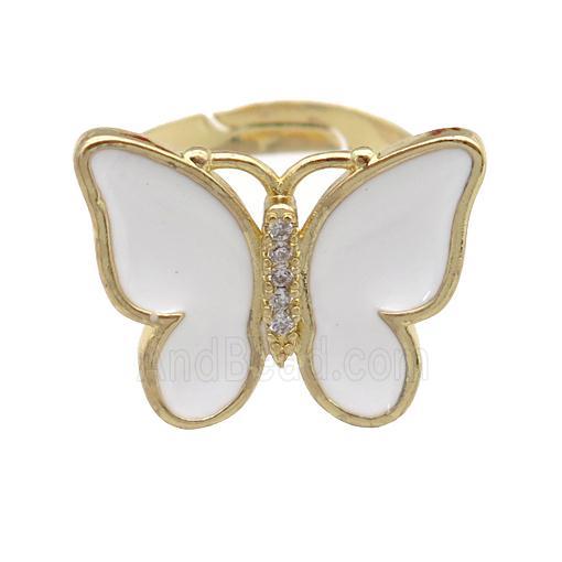 copper butterfly Rings with white enamel, adjustable, gold plated