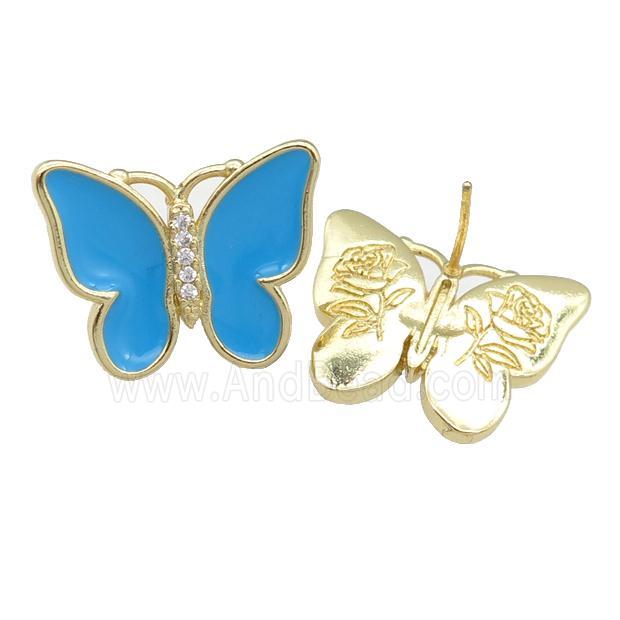 copper butterfly Stud Earring with blue enamel, gold plated