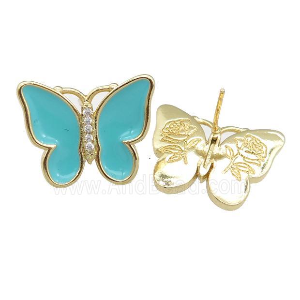 copper butterfly Stud Earring with teal enamel, gold plated