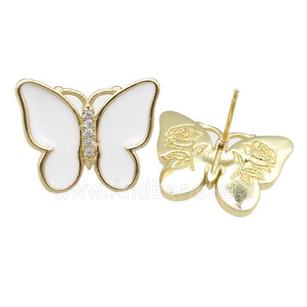 copper butterfly Stud Earring with white enamel, gold plated