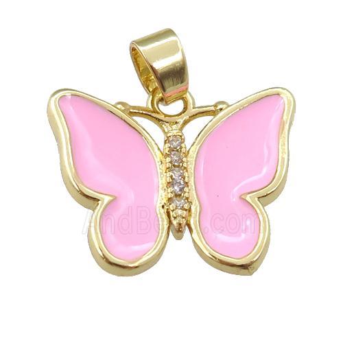 copper butterfly pendant with pink enamel, gold plated