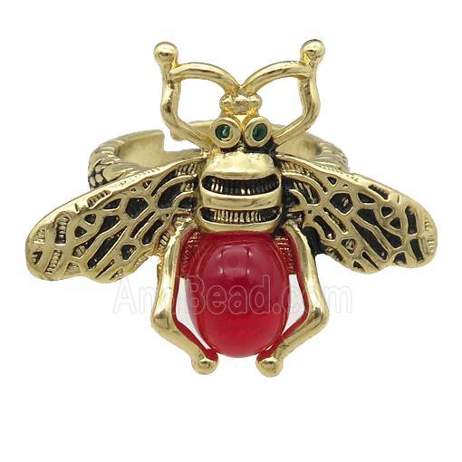 copper honeybee Rings with red cats eye stone, antique gold