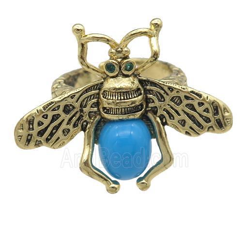 copper honeybee Rings with turqblue cats eye stone, antique gold