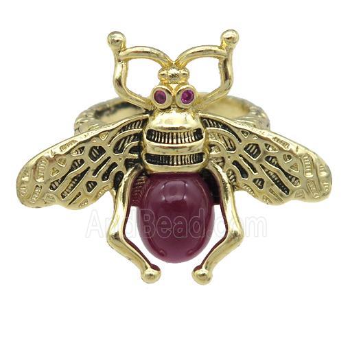 copper honeybee Rings with red cats eye stone, adjustable, antique gold
