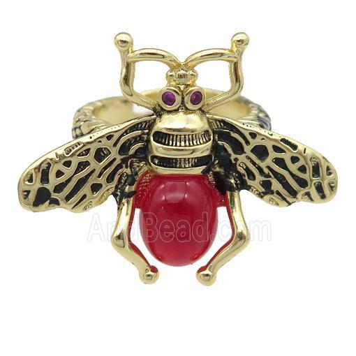 copper honeybee Rings with red cats eye stone, adjustable, antique gold