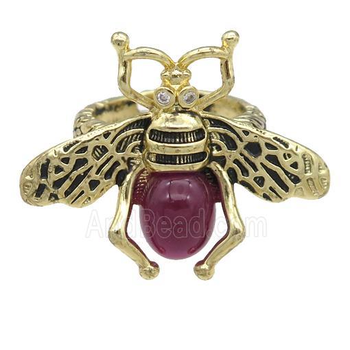copper honeybee Rings with red cats eye stone, adjustable, antique gold