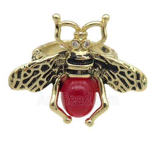 copper honeybee Rings with red cats eye stone, adjustable, antique gold