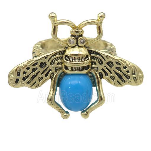 copper honeybee Rings with turqblue cats eye stone, adjustable, antique gold