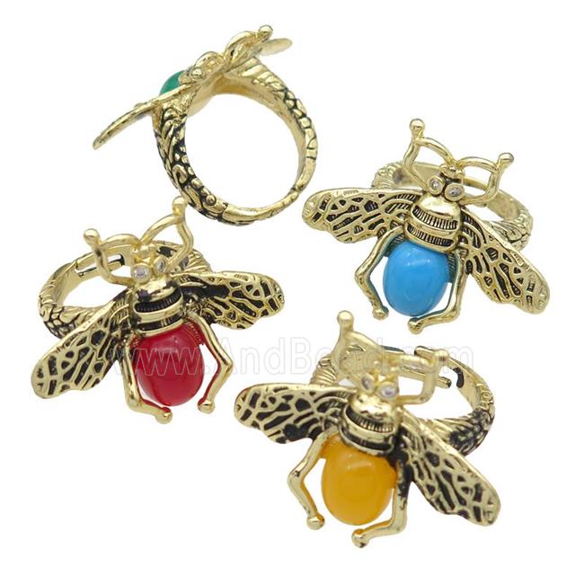 copper honeybee Rings with cats eye stone, adjustable, antique gold, mixed