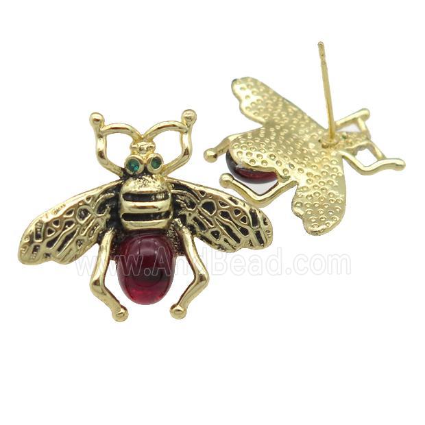copper honeybee Stud Earring with deepred cats eye stone, antique gold