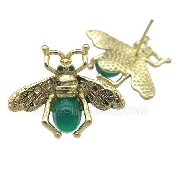 copper honeybee Stud Earring with green cats eye stone, antique gold