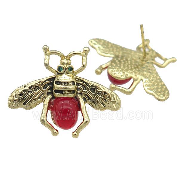copper honeybee Stud Earring with red cats eye stone, antique gold