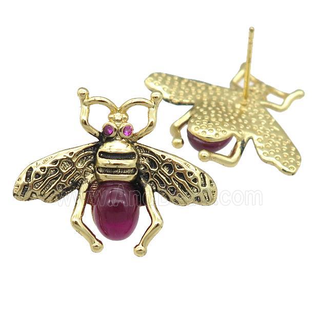 copper earring studs with gemstone, bee, gold plated
