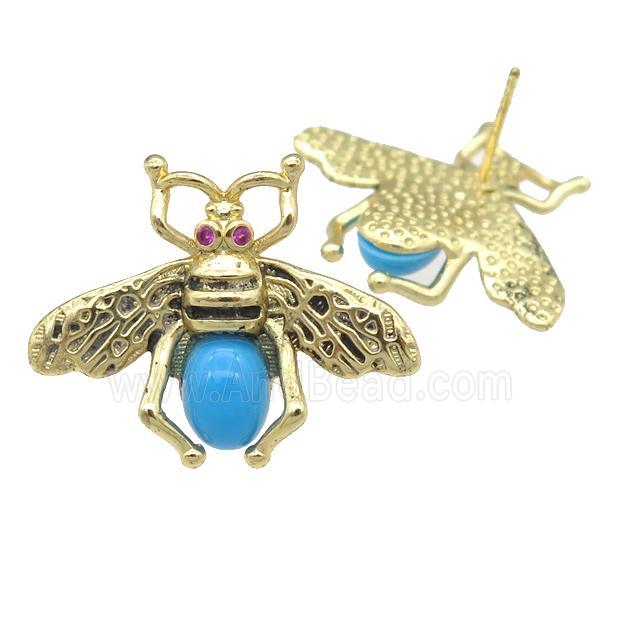copper honeybee Stud Earring with turqblue cats eye stone, antique gold