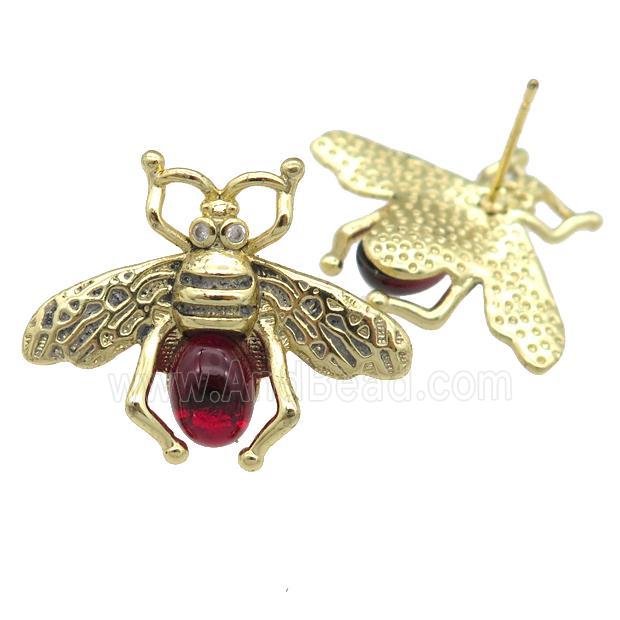 copper honeybee Stud Earring with red cats eye stone, antique gold
