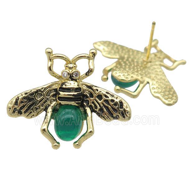 copper honeybee Stud Earring with green cats eye stone, antique gold