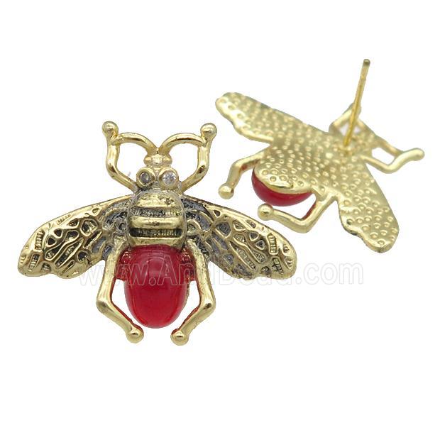 copper honeybee Stud Earring with red cats eye stone, antique gold