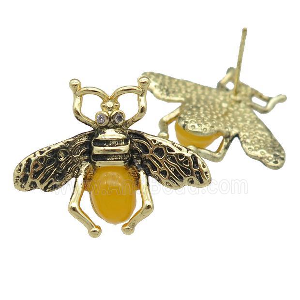 copper honeybee Stud Earring with yellow cats eye stone, antique gold