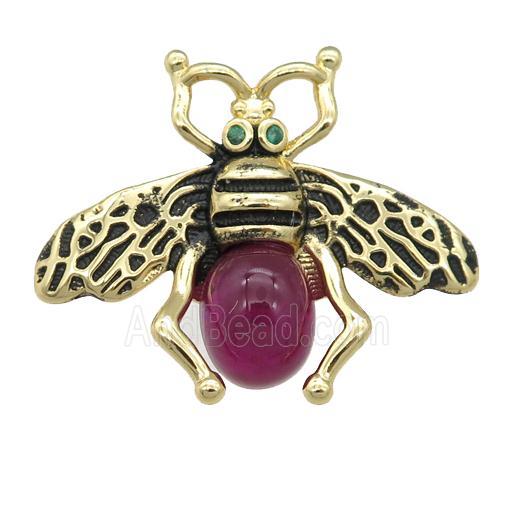 copper honeybee Connector with red cats eye stone, antique gold