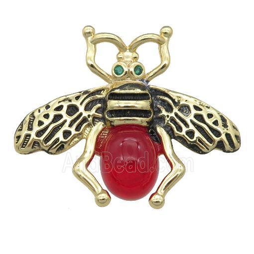 copper honeybee Connector with red cats eye stone, antique gold