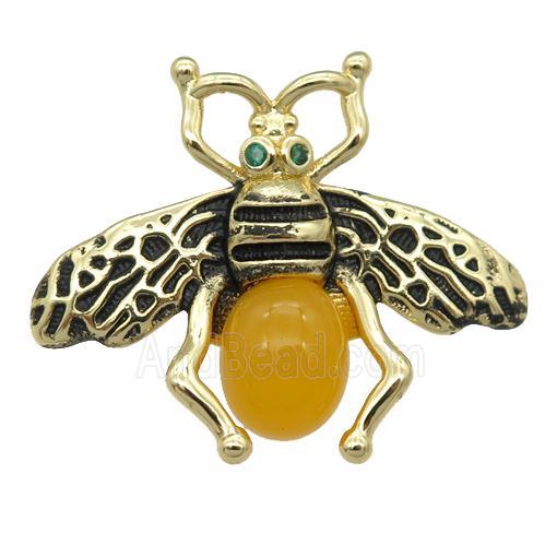 copper honeybee Connector with yellow cats eye stone, antique gold