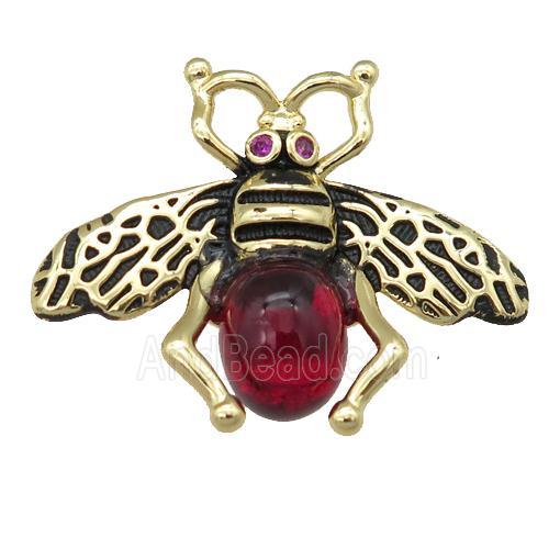 copper honeybee Connector with red cats eye stone, antique gold