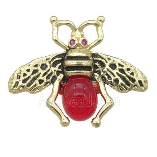 copper honeybee Connector with red cats eye stone, antique gold