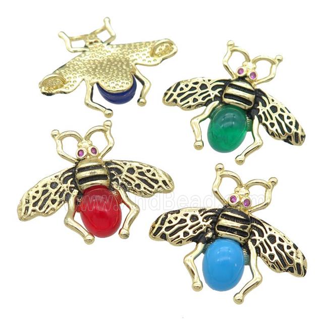 copper honeybee Connector with cats eye stone, antique gold, mixed